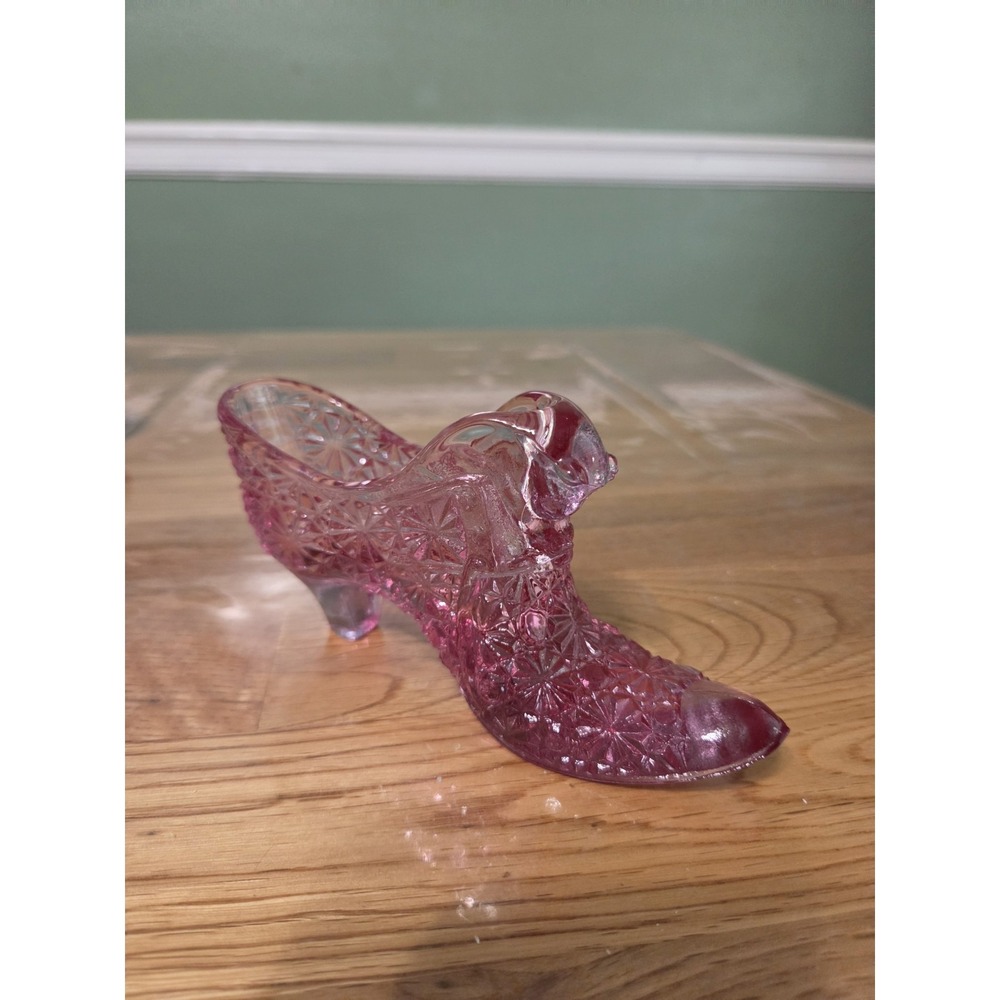 Vintage Fenton Shoe Cranberry Pink Glass Daisy & Button Cat Head Slipper 5.5"